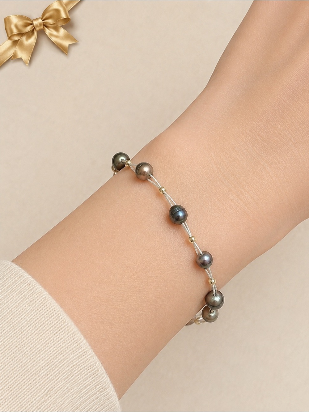 Black Freshwater Pearl Bracelet Silver Tone Multi Strand Cable Bracelet